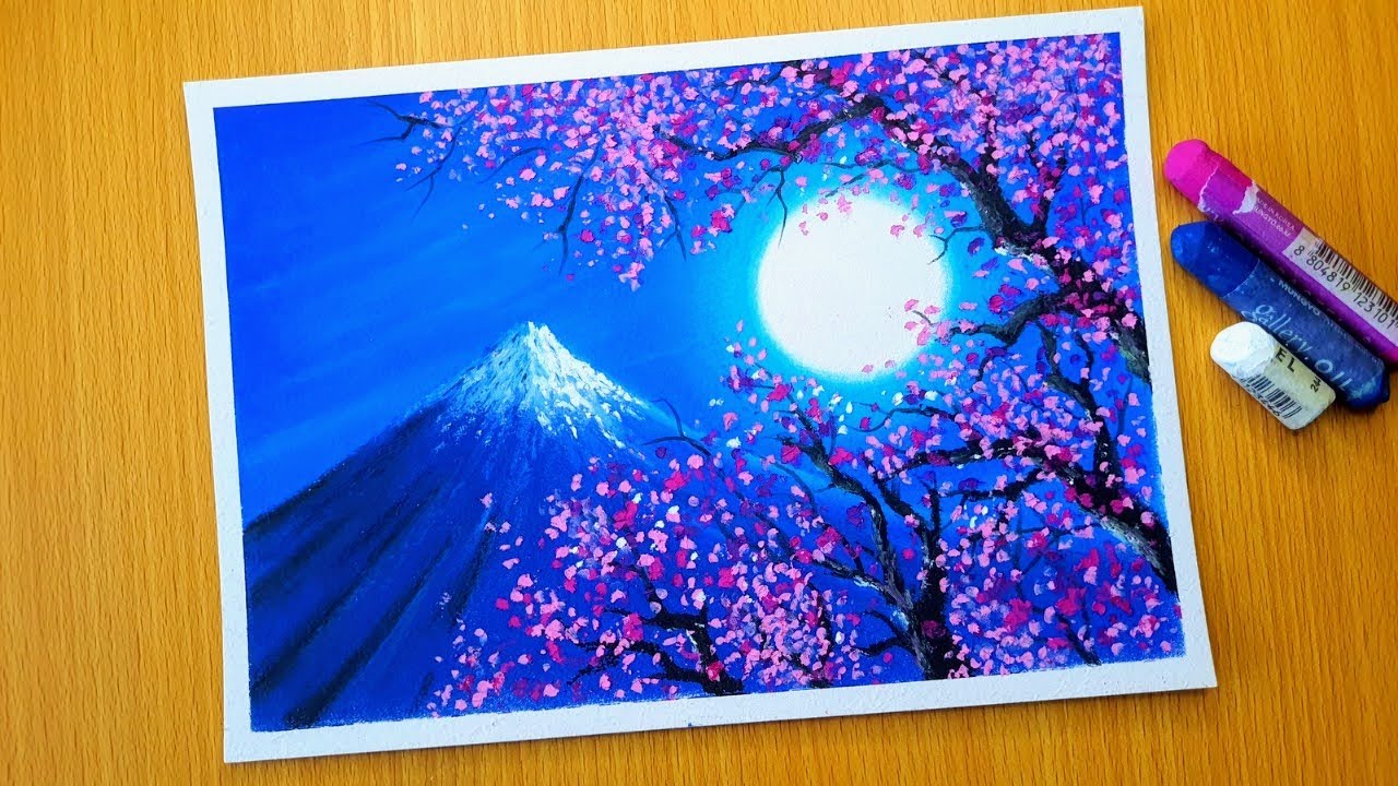 Oil Pastel Spring Scenery Painting for beginners | Oil Pastel Drawing Cherry Blossom