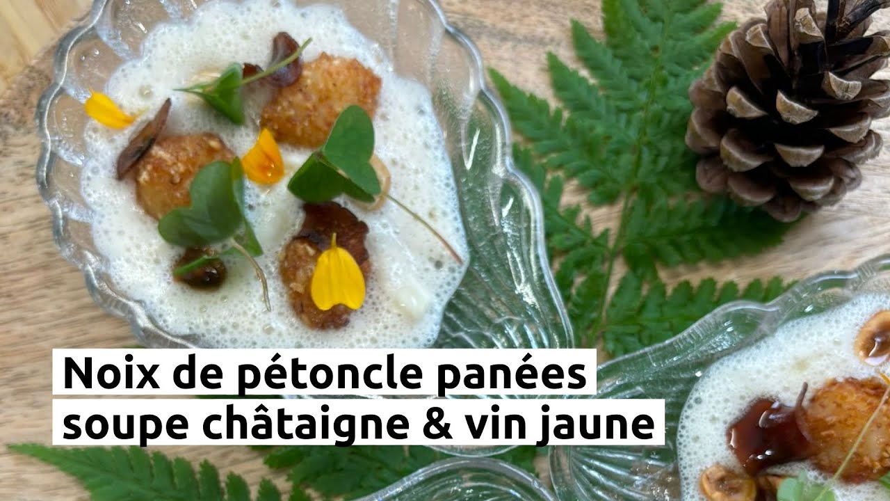 Noix de pétoncle panées, soupe châtaigne & vin jaune