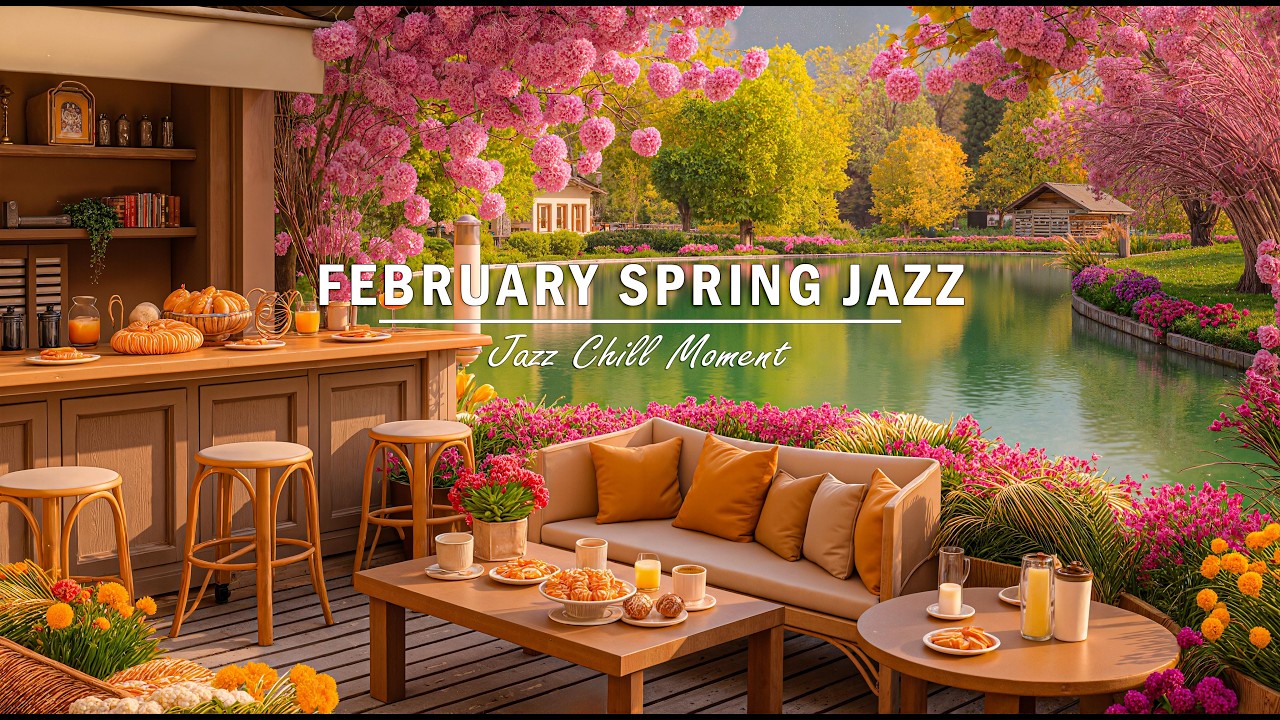 Smooth Spring Jazz Music 🌸 Outdoor Coffee Shop Ambience by the Lake for Studying, Working & Relaxing