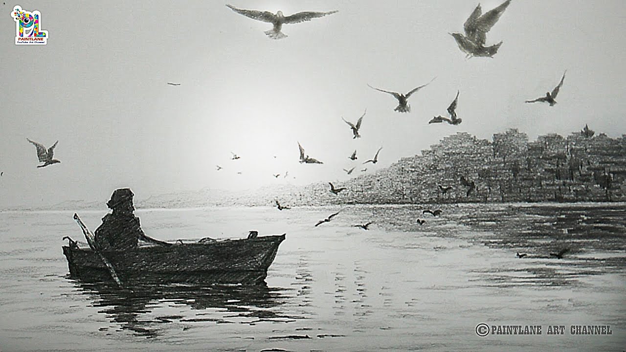 How to draw man on a boat and birds in a scenery art || Pencil Art