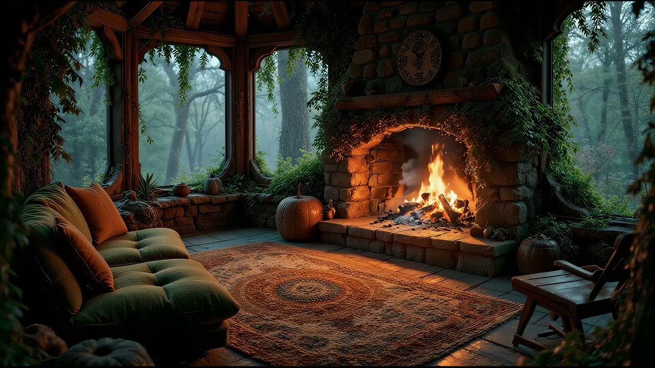 Rainy Forest Treehouse Retreat 🌲🔥 8 Hours of Cozy Fireplace & Rain Sounds (No Music)