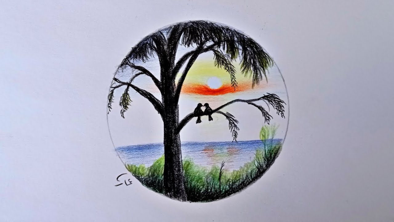 رسم منظر طبيعي سهل|تعلم رسم منظر طبيعي بالالوان الخشبية خطوة بخطوة