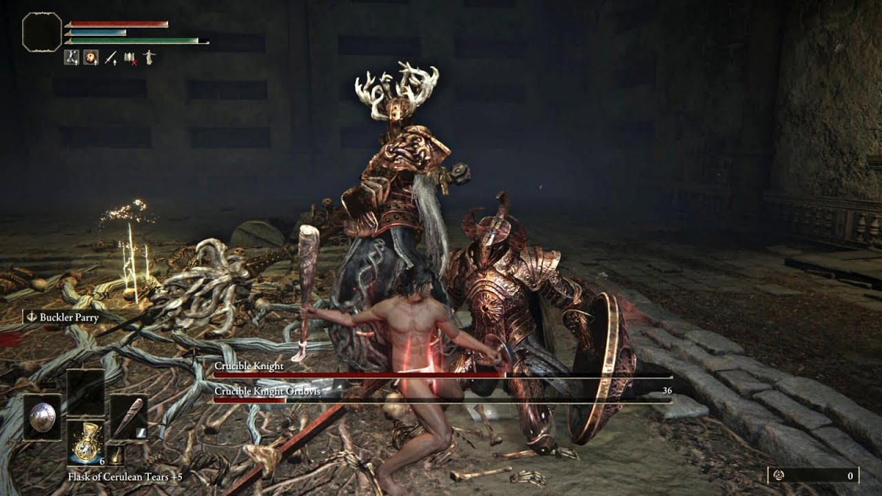 Elden Ring - Lvl1 Wretch VS Crucible Knight Duo [Solo, No Damage]