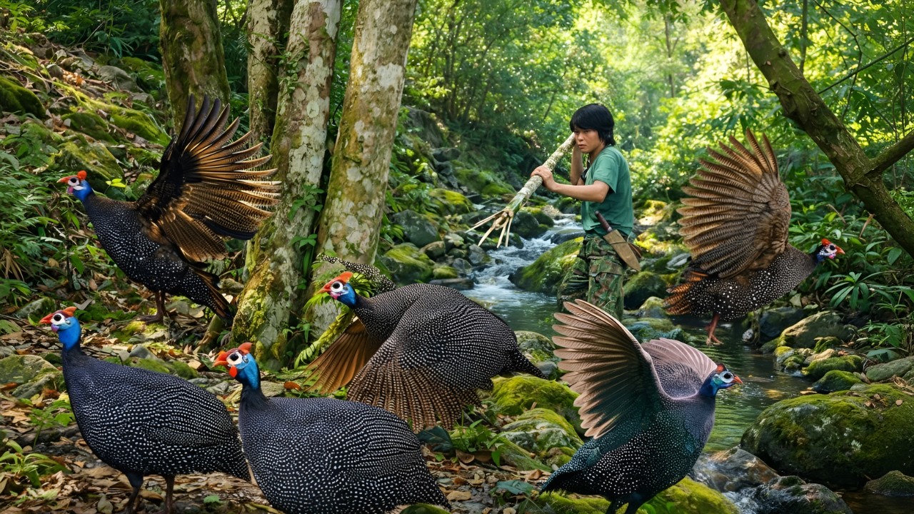 Using dried bamboo for shelter and hunting weapons - Catching wild chickens, surviving in the forest