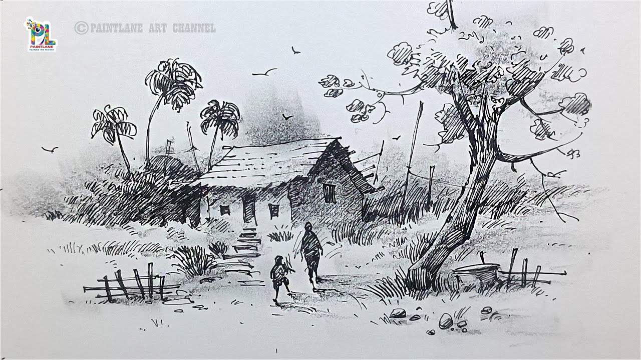 How to draw Village Scenery Art with Pen | Easy Pencil Shading Art