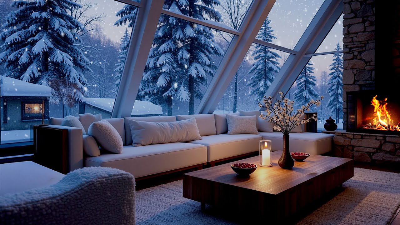 Peaceful Winter Piano Music ❄️ White Room Ambience, Snowy Window & Fireplace for Deep Sleep