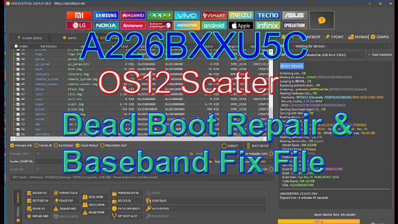 Samsung Galaxy A22 5G, A226B U5 OS12 Scatter Firmware Dead Boot Repair & Baseband Fix NV File