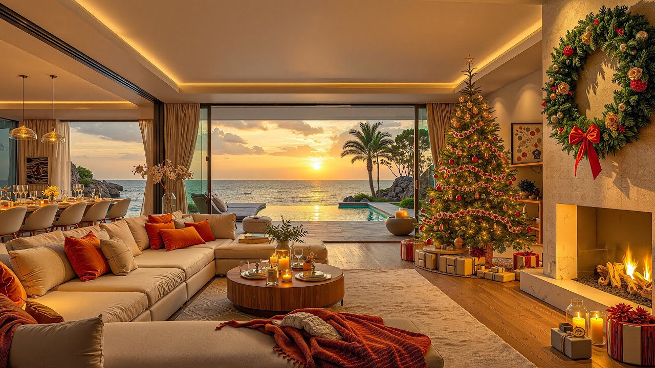 Relaxing Jazz with Fireplace & Coastal Ambience - Luxury Christmas Jazz