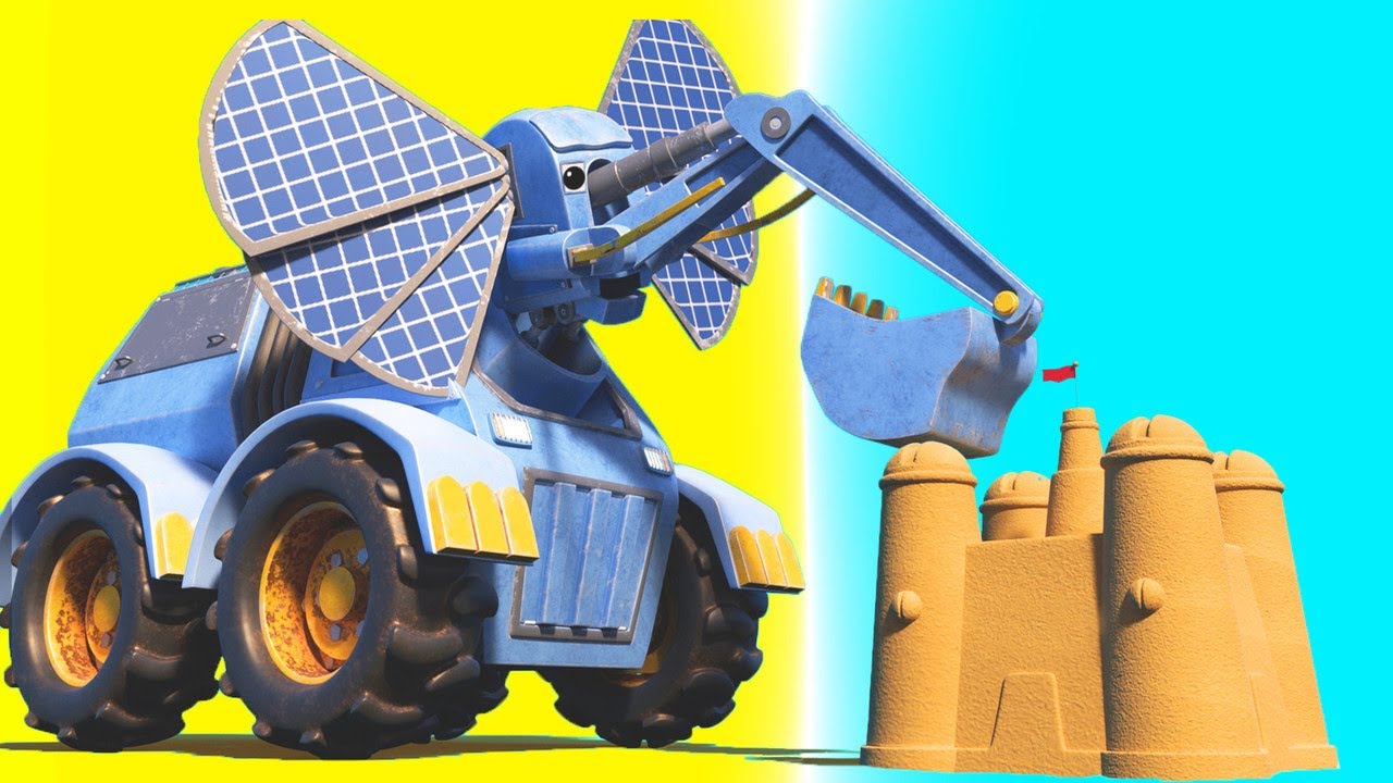 AnimaCars -  L'ELEFANTE ESCAVATORE costruisce un castello di sabbia sulla spiaggia - cartoni animati