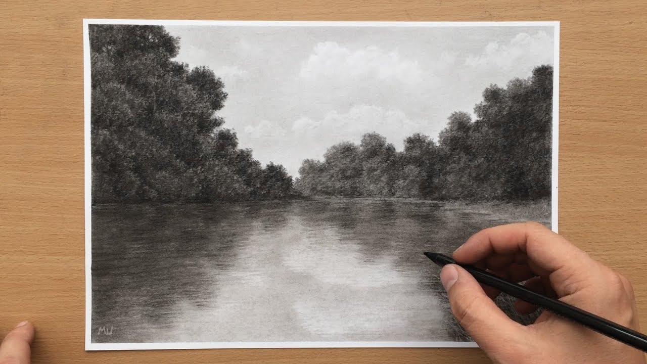 Quiet River - Landscape Charcoal Drawing