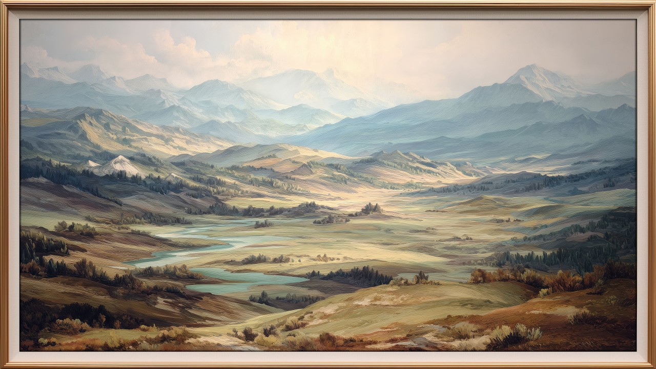 Serene Mountain Valley Landscape | 4K TV Art Screensaver Wallpaper for Elegant Home Decor