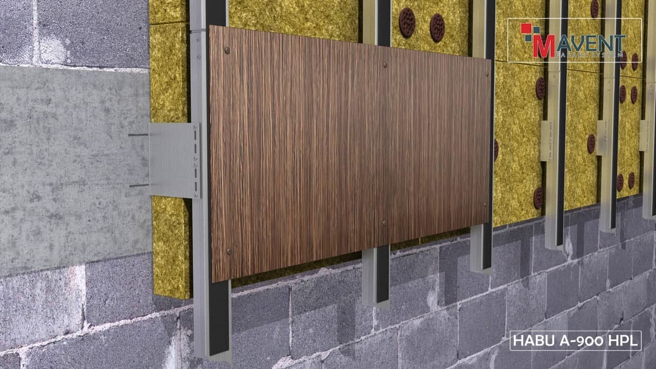 MAVENT FACADE SYSTEMS HABU - А 900 HPL interfloor system for attaching the curtain ventilated fasade