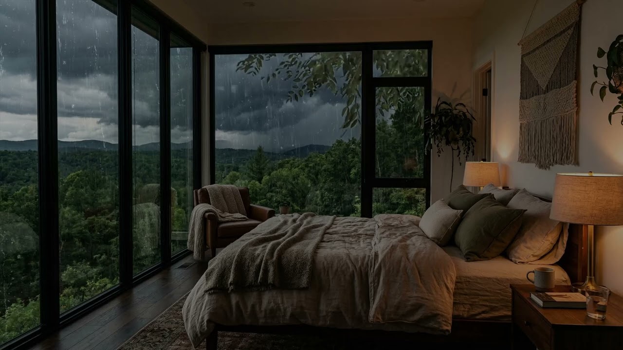 Calming Rain 🌧️ Sliding Down The Bedroom Window As Silent Forest Leaves 🌿 Move In Wind