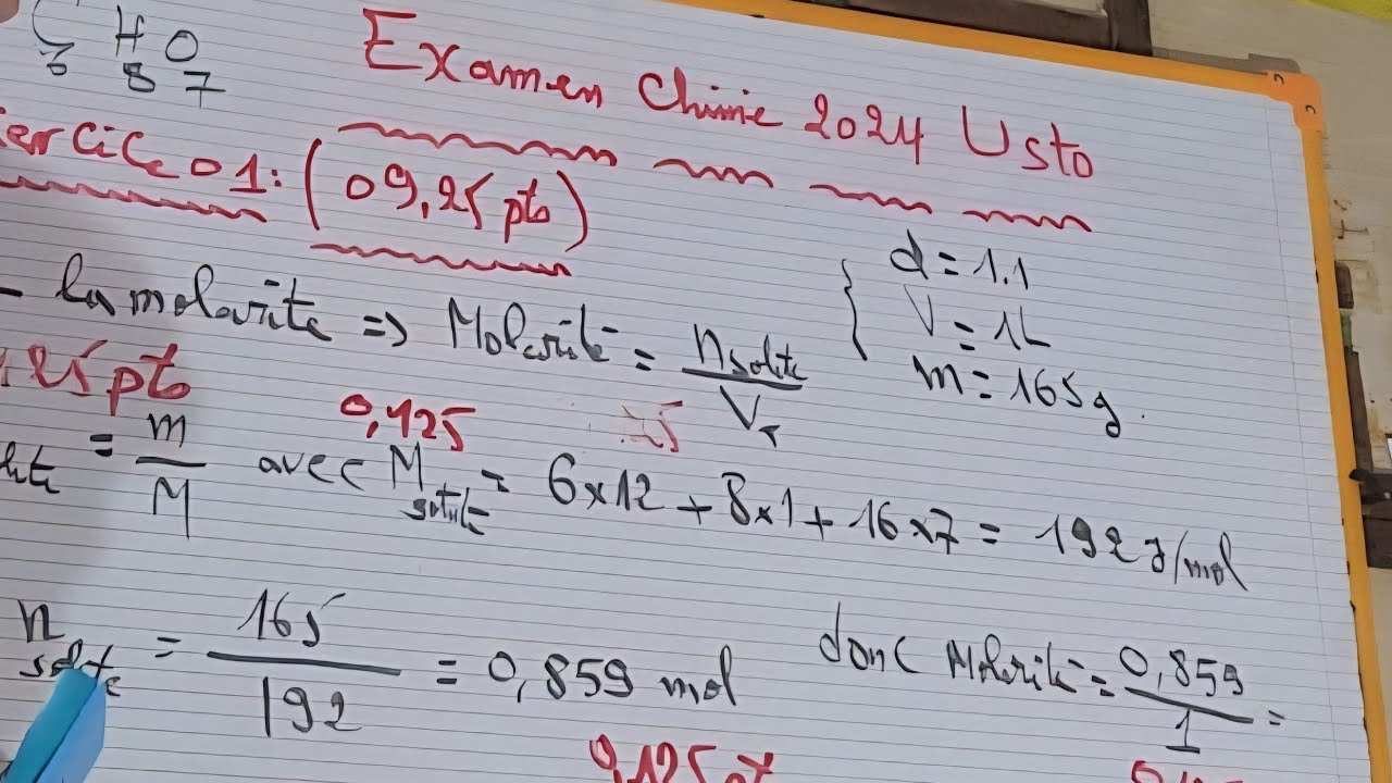 Examen Chimie  01 Unv d'oran #USTO 2024 Parie 1 Exercice 1[la Molarité et la molalitè et lafraction]