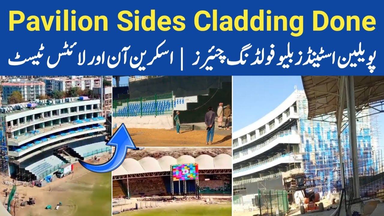 Exclusive 🔴 Pavilion Stands Blue Folding Chairs & Cladding Done | Small Screen On & Lights Test