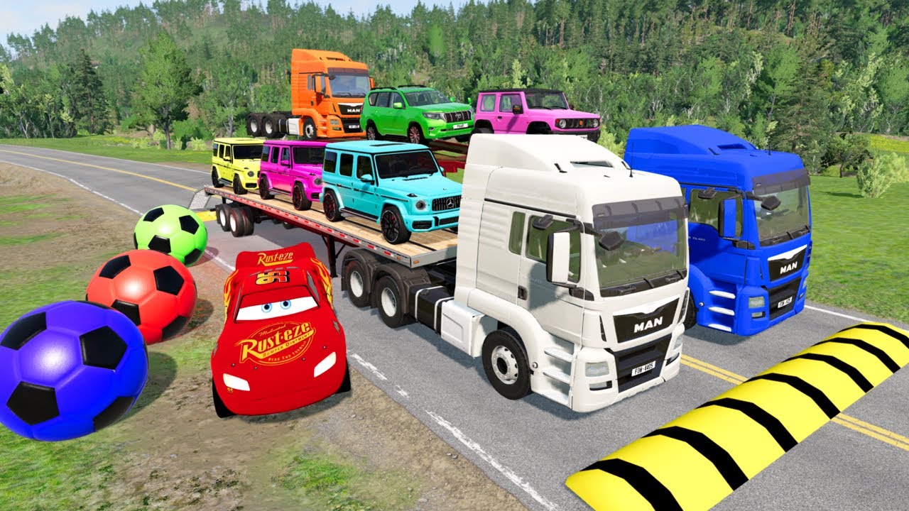 نقل سيارات الأطفال وسيارات الإسعاف وسيارات الإطفاء وسيارات الشرطة بالشاحنات - Beamng.drive 08