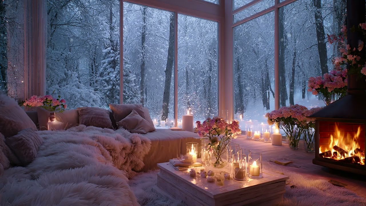 Warm Candlelit Winter Room – Snowfall, Wind Sounds & Fireplace Crackling for Relaxation