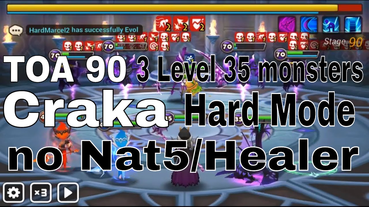 TOA 90 Craka Dark Hell Lady No Nat 5/ No  Healer - Summoners War Gameplay and Runes