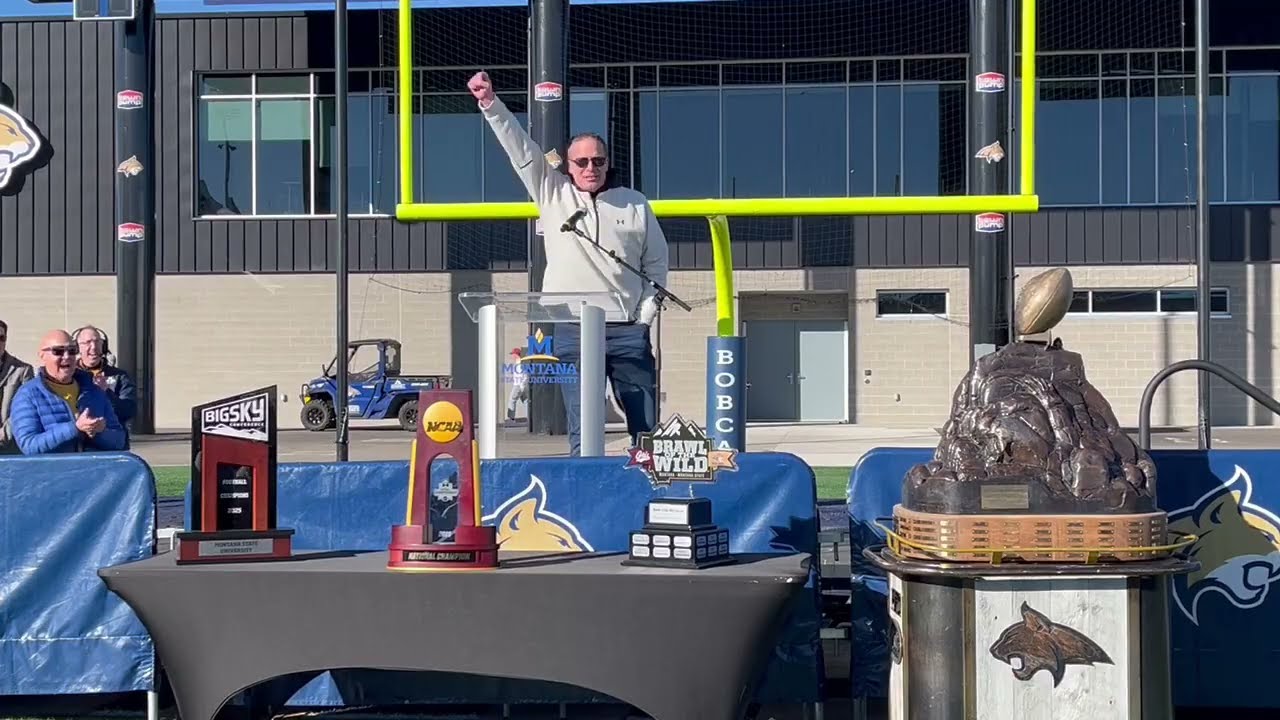 Brent Vigen gives speech at Montana State's 2025 FCS championship celebration