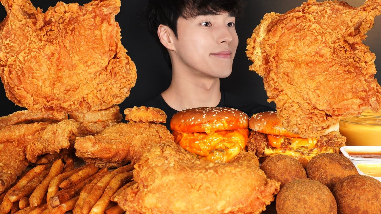 ASMR MUKBANG FRIED CHICKEN & MAC AND CHEESE BURGER & FRENCH FRIES & ONION RINGS & CHEESE BALLS