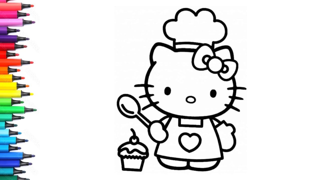 Рисунок, раскраска и рисование Hello Kitty в образе шеф-повара для детей и малышей_Детское искусство