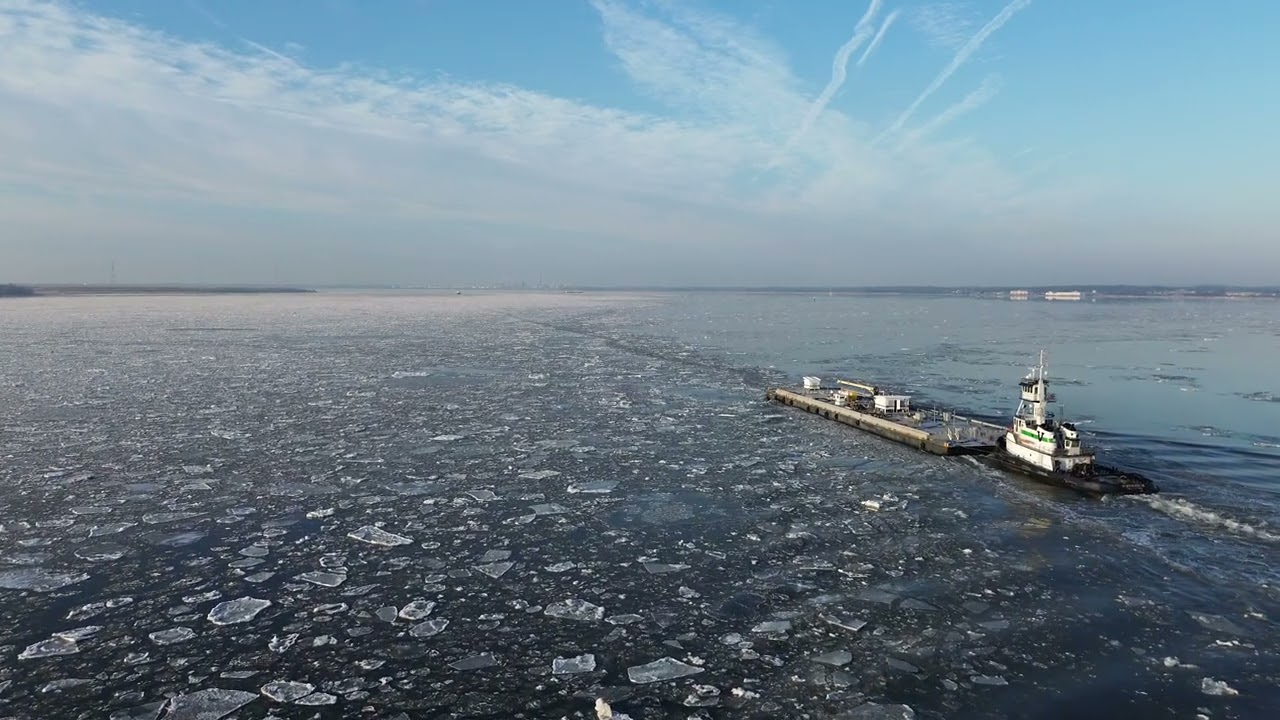 Drone Over Icy Delaware River Tugboat