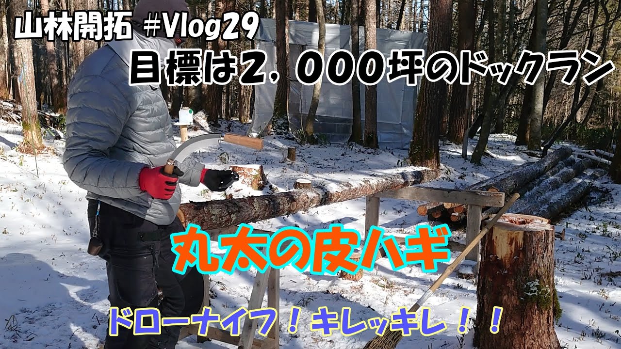 【山林開拓】＃Vlog.29　伐採した丸太をドローナイフで皮を剥ぐ。小屋の柱に使います。
