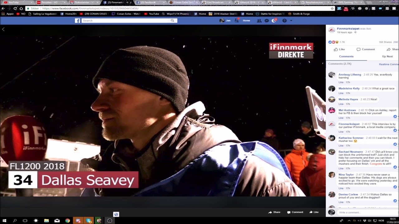 Dallas Seavey crossing finish line in Finnmarkslopet 2018 as #3 and interviews. Well worth to watch.