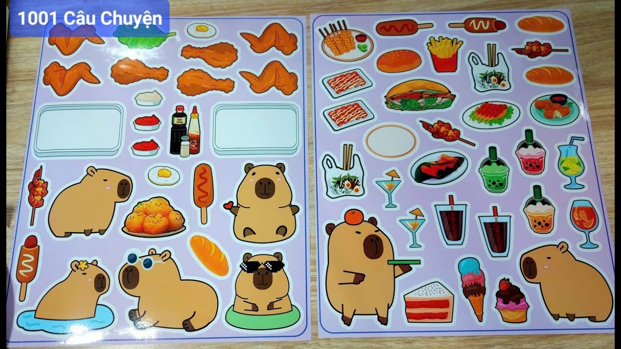 Thiết kế sticker nylon CapyBara cute & Tiệm ăn vặt Gà rán-Bánh mì-Trà sữa-Bánh tráng trộn-Kem ba màu