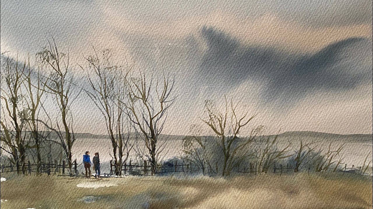 Paint A Loose WATERCOLOR STORMY SKY & LAKE, FIGURES Watercolour Landscape PAINTING Tutorial DEMO