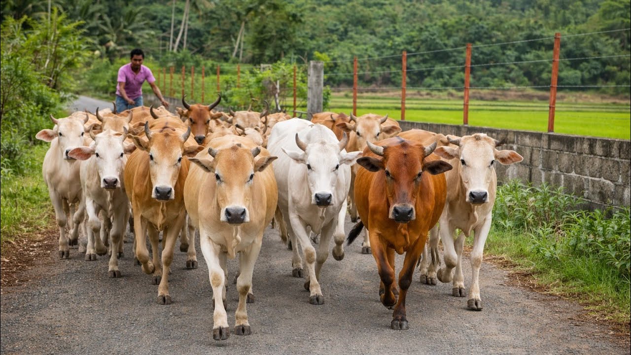 Accompanying dozens of cows walking through the village to start their journey to fresh pastures 🌿🐄 