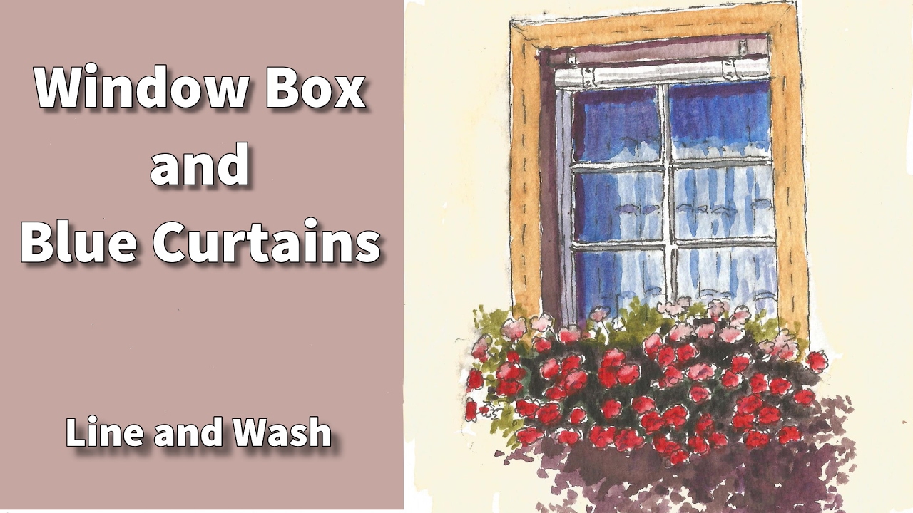 how to draw and paint a window box and blue curtains in line and wash watercolor