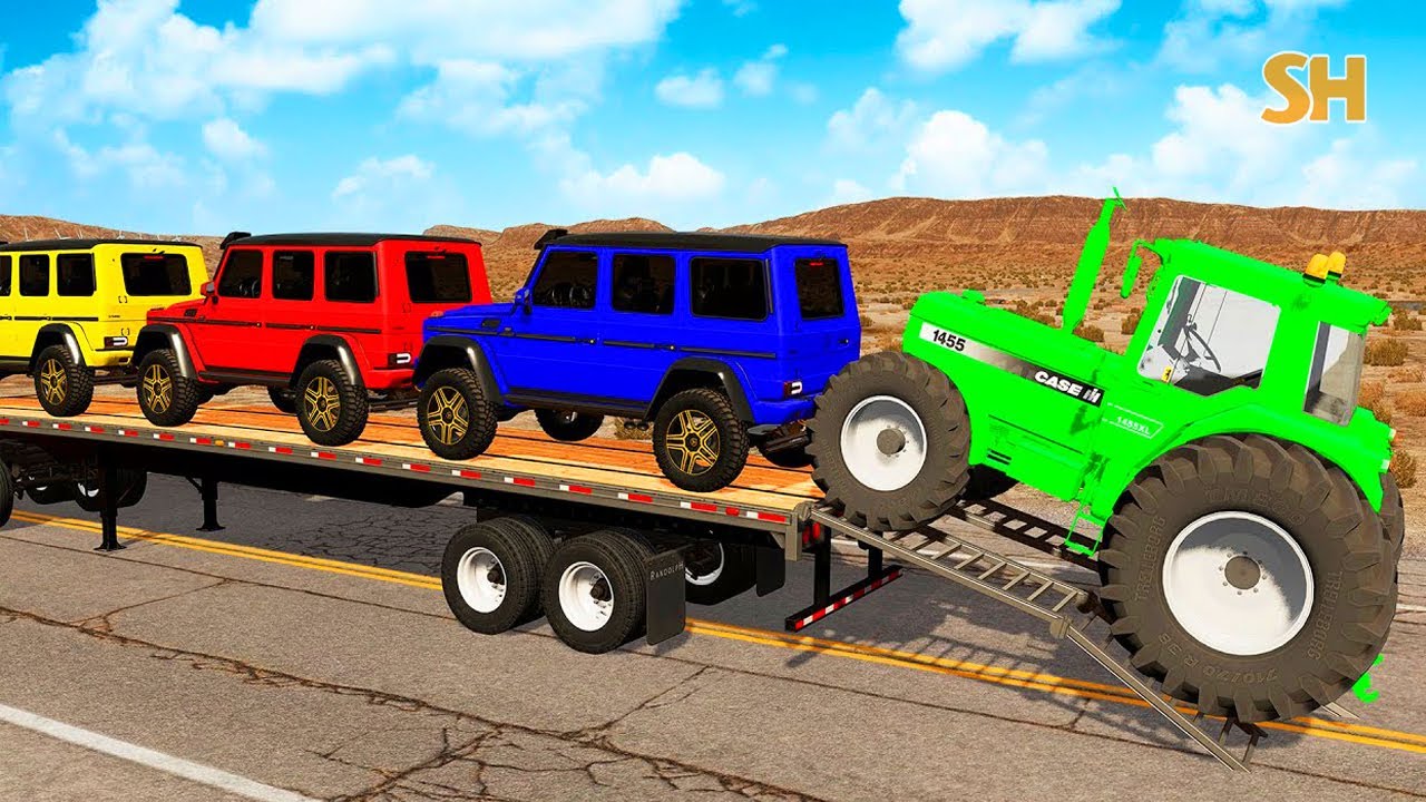 TRANSPORTING PIXAR CARS & FRUITS WITH COLORED & JOHN DEERE vs CLAAS vs TRACTORS - BeamNG.drive #983