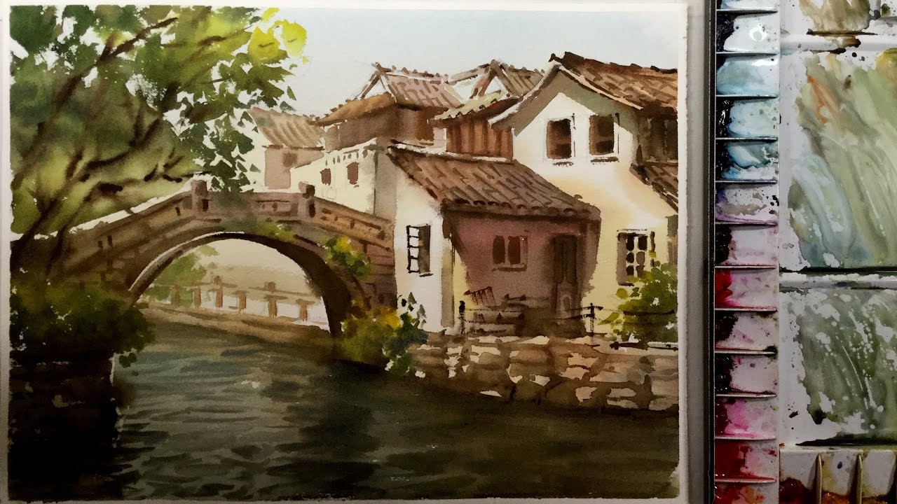 Landscape Painting demonstration in Watercolor: Zhouzhuang Water Town