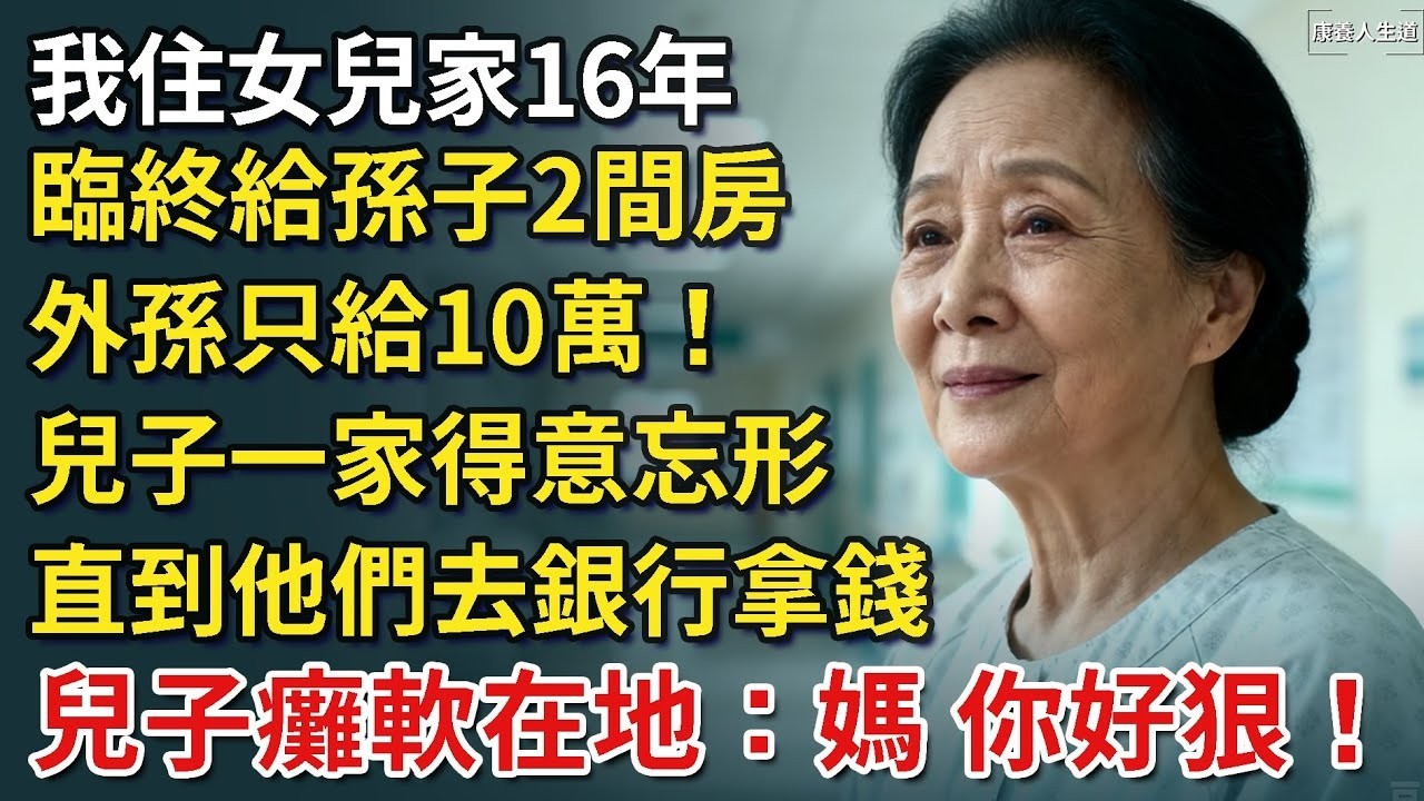 我住女兒家16年，臨終給孫子2間房，外孫只給10萬！兒子一家得意忘形，直到他們去銀行拿錢，兒子當場癱軟在地：媽，你好狠！​【康養人生道】 #康養人生道 #上了年紀該明白的事 #養老 #聰明老人