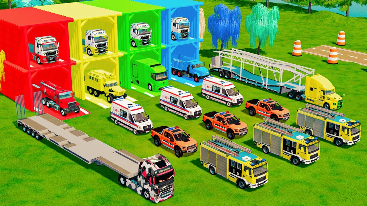 TRANSPORTING ALL POLICE VEHICLES, FIRE DEPARTMENT, AMBULANCES & TANK TRUCK TO GARAGE - FS22