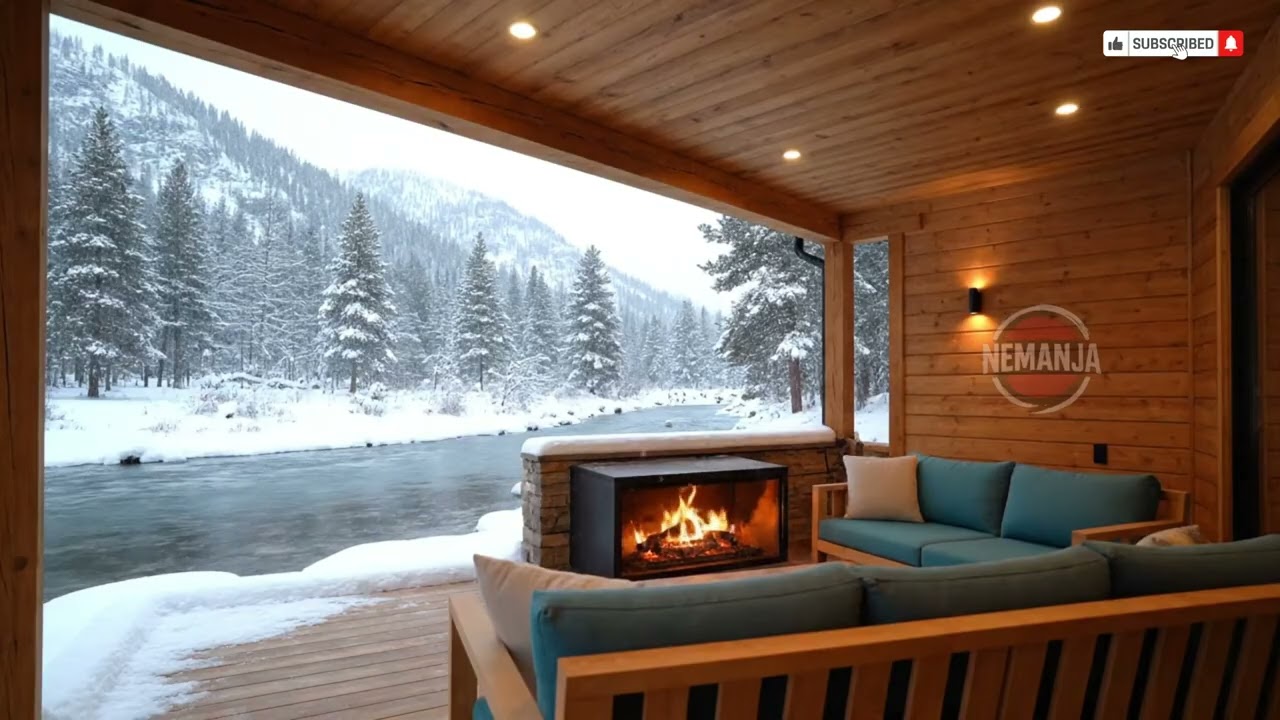 Cozy Winter Cabin by the River ❄️ Fireplace Ambience | Snowfall Outside Only | 4K Loop