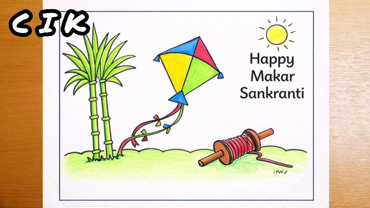 Makar Sankranti Drawing | Easy Kite Festival Drawing for Kids | Indian Festival Art | Lohri Pongal 