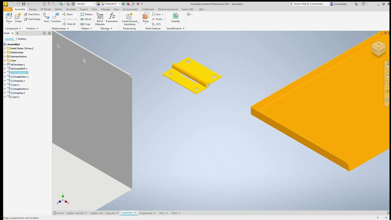 how to put hinge together and put it on box (inventor tutorial)