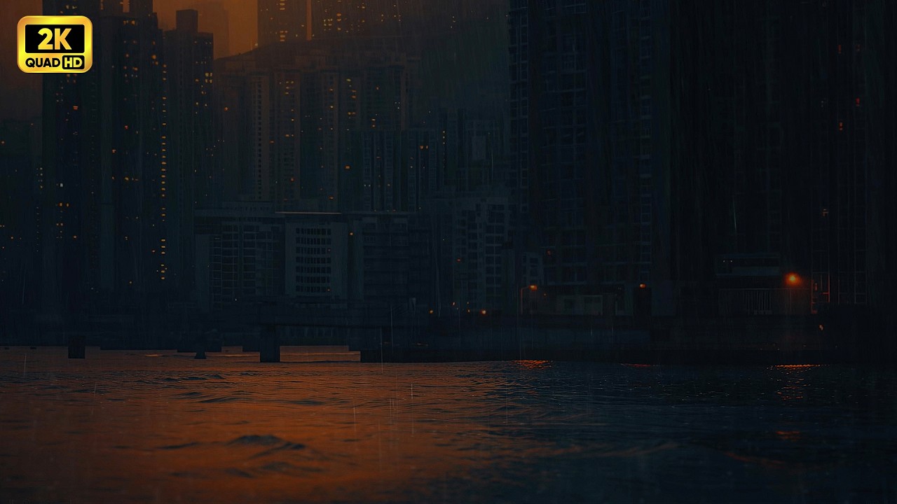 8 Hours Rain in Hong Kong | City Rain on Sea & Distant Harbor Sounds | 2K QHD Sleep & Study Ambience