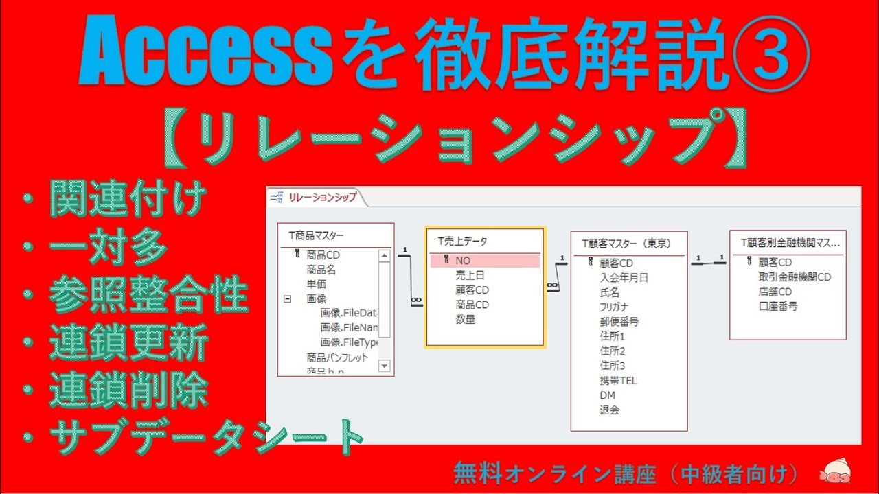 Accessを徹底解説講座③【リレーションシップ】関連付け/一対多/参照整合性/連鎖更新/連鎖削除・サブデータシート（Access基礎）