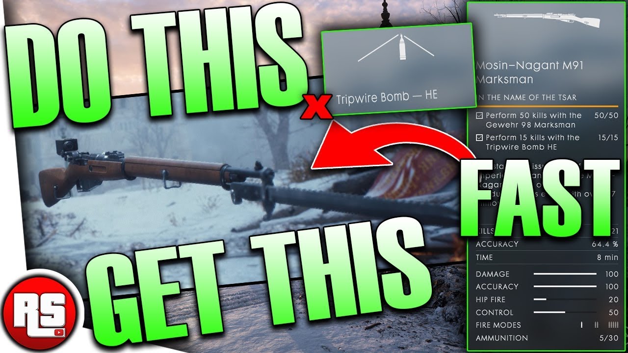 Battlefield 1 Mosin nagant marksman, how to unlock, tripwire bomb tips, bf1 how to use tripwire he✔️