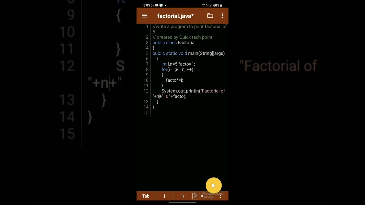 write a program to print factorial using java programming language #java #quicktechpoint