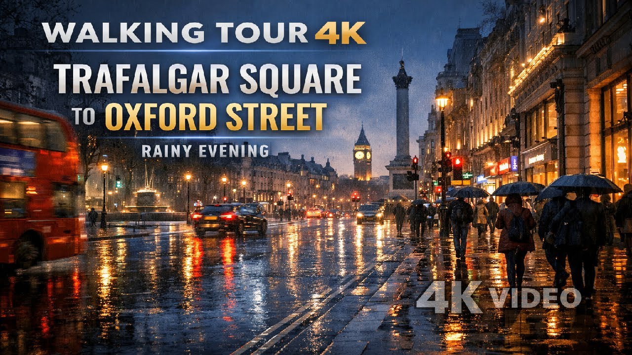 Rainy London Walking Tour 4K 🌧️ Trafalgar Square to Oxford Street | Evening Ambience