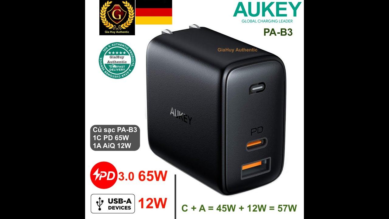 Củ sạc nhanh AUKEY PA-B3 Omnia GaN 65W 1C-1A (1C PD 65W & 1A AiQ 12W)