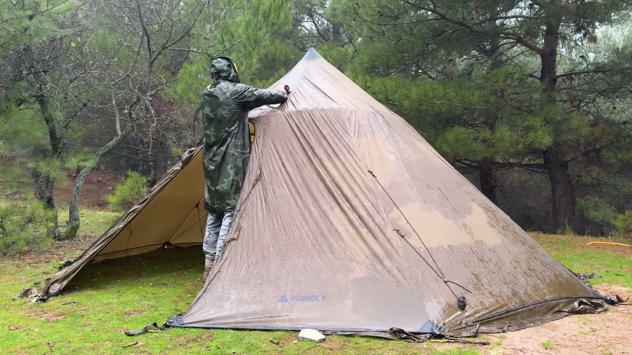 Hot Tent Rain Camping in Storm and Lightning! - Camping in Heavy Rain and Rainstorm