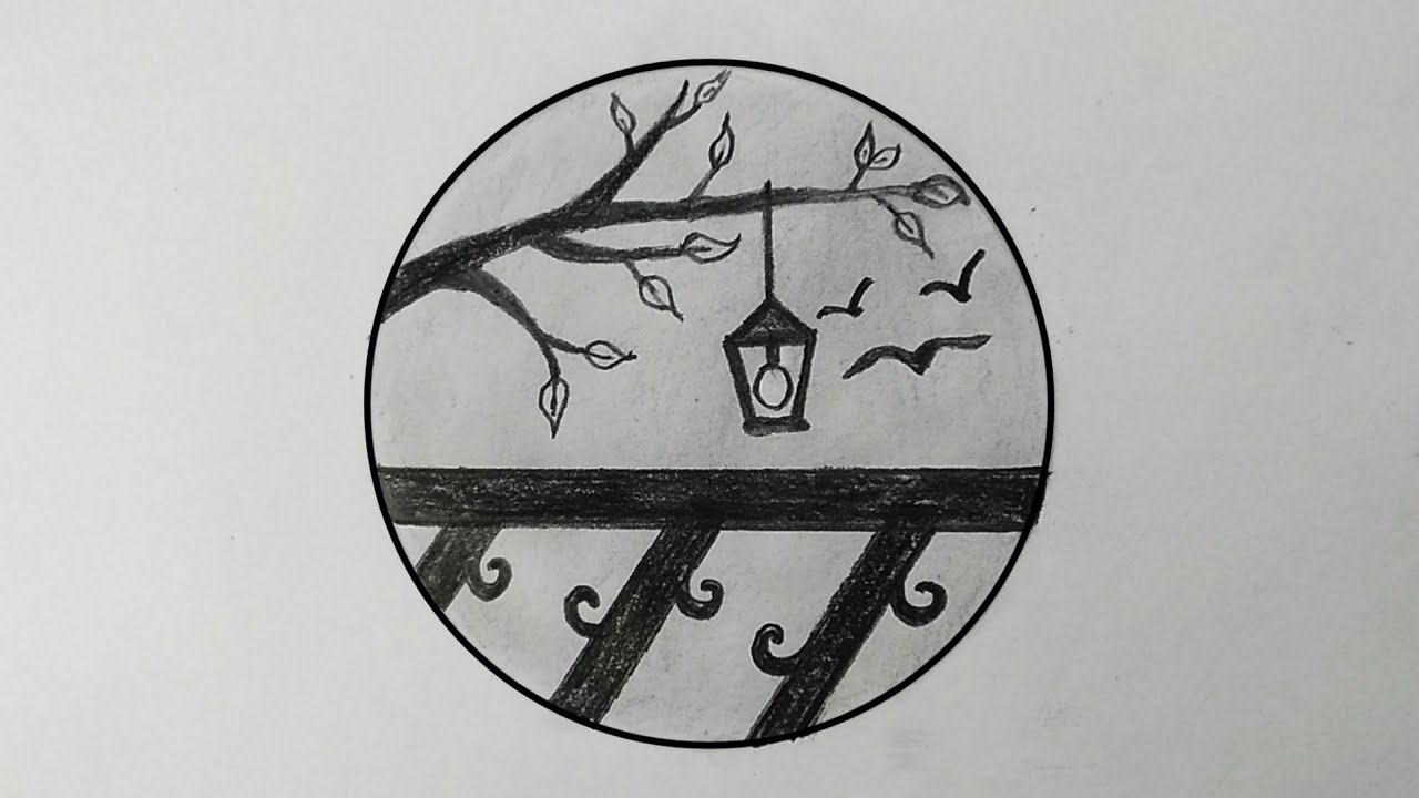 Pencil drawing in a circle easy drawing scenery | how to draw scenery step by step