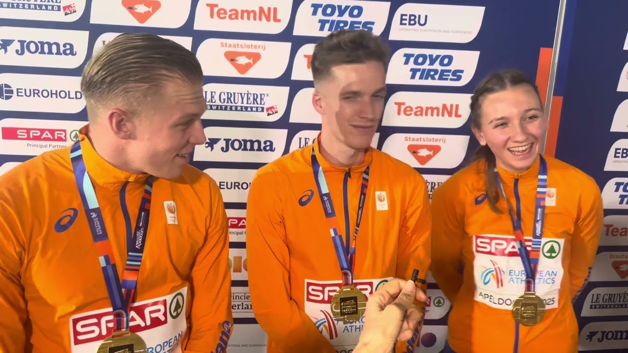 Dutch team react to European indoor mixed 4x400m relay gold as Femke Bol anchors team