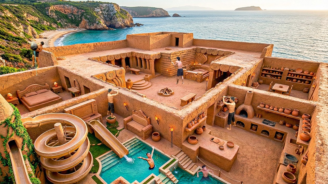 200 Days Building an Open Air Clay House with Carved Rooms and Interiors on a Steep Sea Cliff