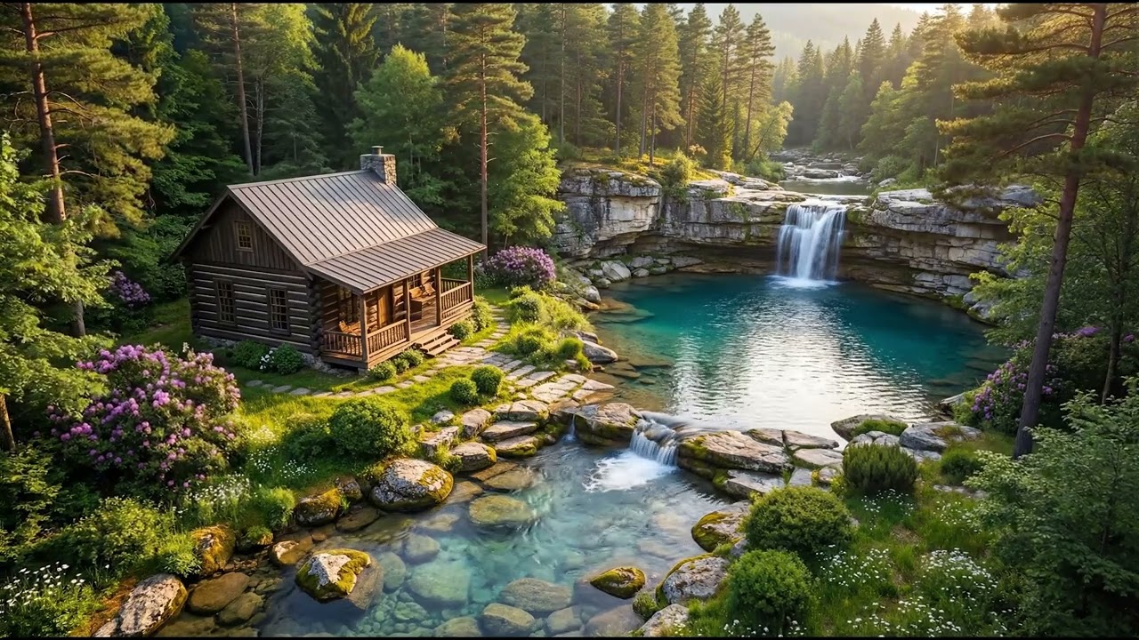 Hidden Cabin Retreat | Cinematic Waterfall Ambience for Deep Relaxation